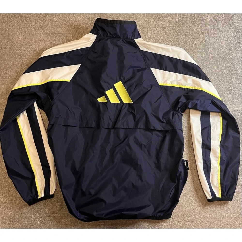 Adidas, Full Zip, Windbreaker Jacket, Navy Blue w/yellow Logo Athletic EUC A2-20